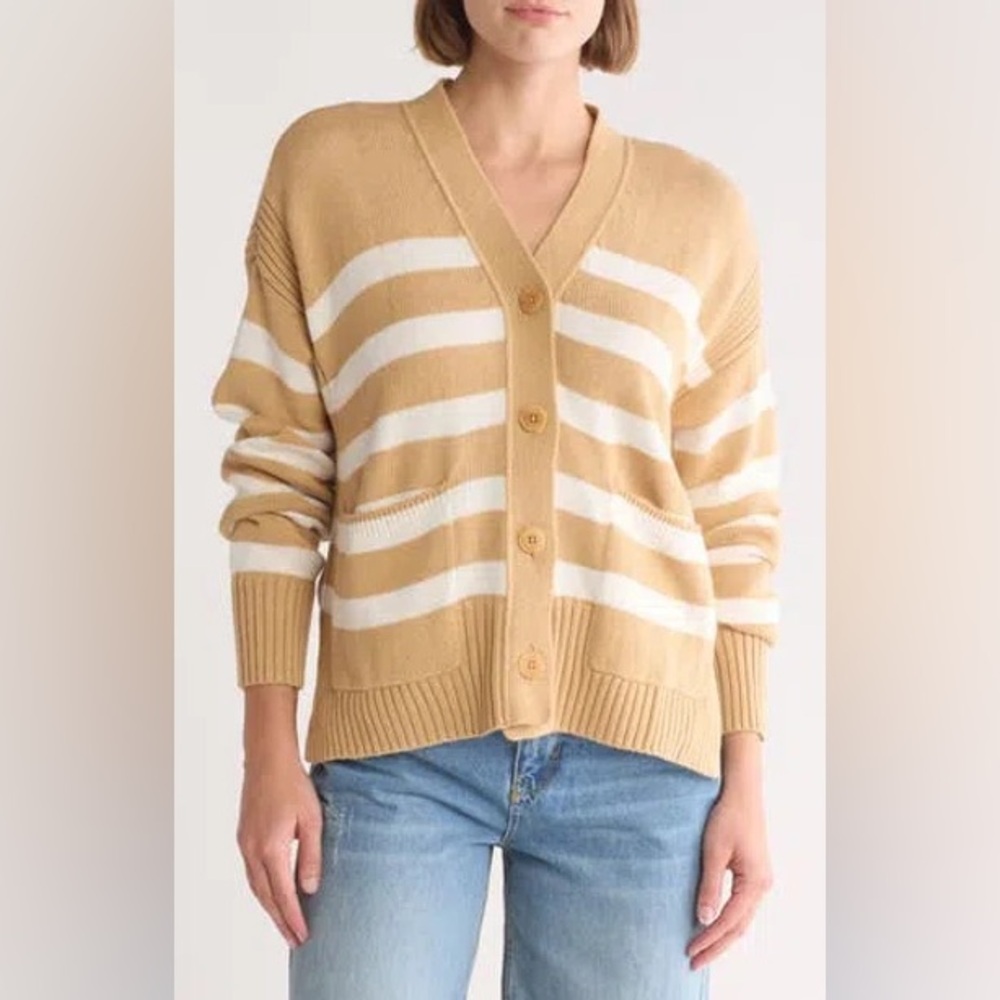 Madewell Stripe Sharon V-Neck Emmett Cardigan in Desert Dune.  NWT size Small.